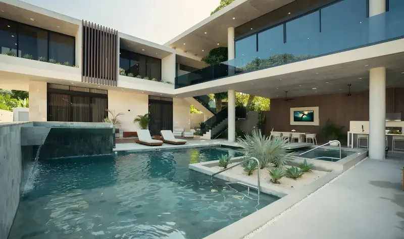 Modern two-story beachfront luxury villa Royale Aquarious with infinity pool and third-floor social deck in Jaco Beach.